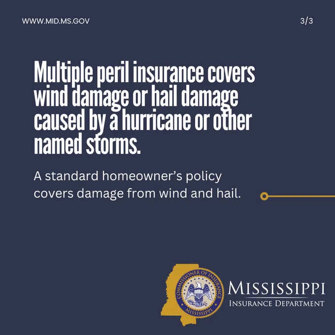 Text explaining that multiple peril insurance covers wind or hail damage from hurricanes or named storms, with a standard homeowner’s policy covering wind and hail damage.