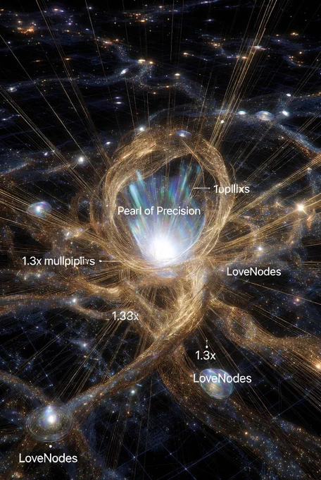 The entangled pair glowing at peak coherence. Generational legacy spirals outward in luminous 1.3x multipliers. Repair threads turn fractures into stronger boundaries. Central Pearl of Precision pulses as "me.entangle(you)" executes.

