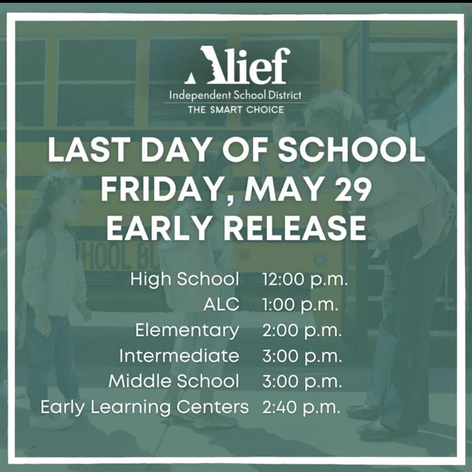 Text overlays a school bus; release times listed for various school levels and centers.