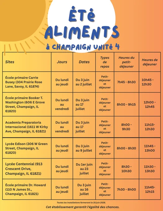 Orange poster with white text. It shows a list of schools and their meal and event times.