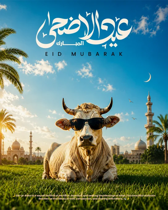 Stylish cow wearing sunglasses sitting on green grass with mosque background and cinematic Eid Mubarak theme.