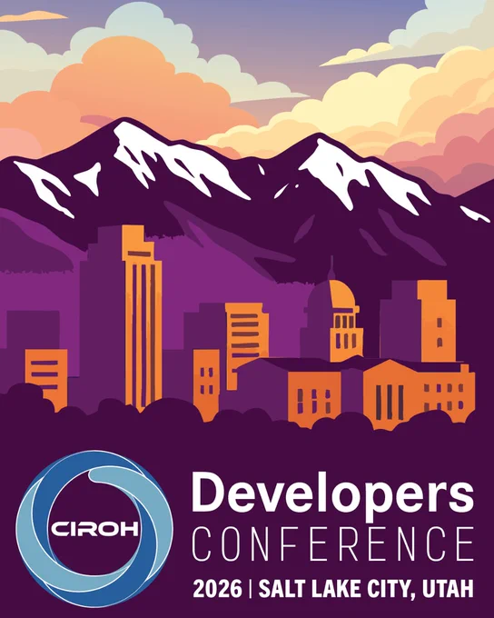 Illustration of a stylized Salt Lake City skyline at sunset with purple mountains and snow-capped peaks in the background. The foreground features orange and purple buildings beneath pastel clouds. At the bottom, the CIROH logo appears next to the text: “Developers Conference 2026 | Salt Lake City