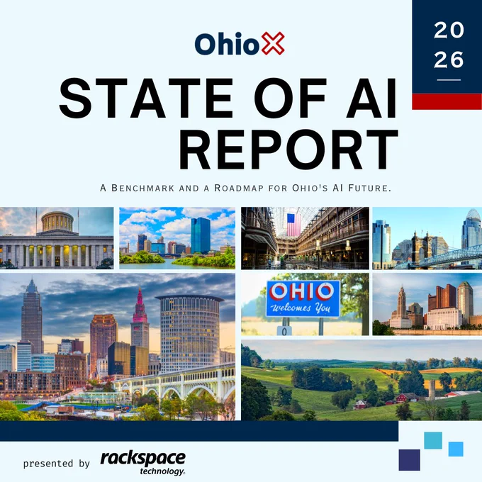 An image titled "State of AI Report" features several landmarks and cityscapes from Ohio. Logos include OhioX and Rackspace Technology. A "Welcome to Ohio" sign is also visible. The year range 2026 is noted.