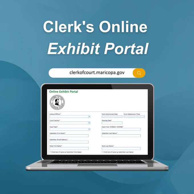 Laptop screen displaying the Clerk's Online Exhibit Portal form for submitting court case details on a blue background.