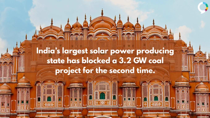 A photo of Rajasthan, India, with the text, “India’s largest solar power producing state has blocked a 3.2 GW coal project for the second time.”