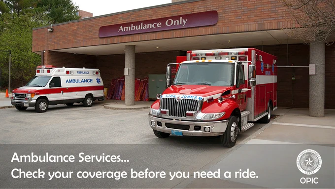 Ambulances parked at a hospital and the message to check your coverage before you need ambulance services.