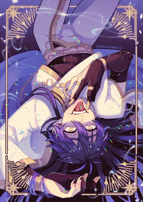 Rin from the  18 phone game Nu : Carnival. He is lying down with is tongue out, a piercing is visible on his tongue. His gaze is piercing.