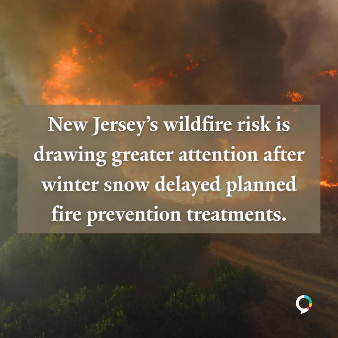 A photo of a wildfire with text that states “New Jersey’s wildfire risk is drawing greater attention after winter snow delayed planned fire prevention treatments.”