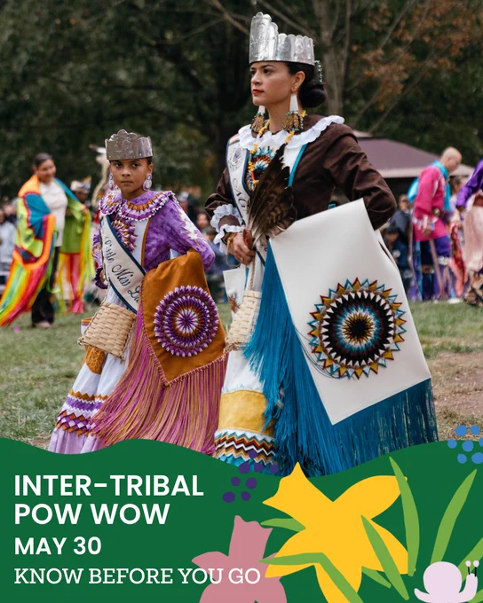 Two Native American women dressed in colorful traditional regalia with intricate beadwork and fringes at an outdoor pow wow event. Graphic overlay that reads Inter-Tribal Pow Wow May 30 Know Before You Go. 