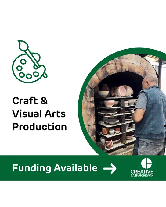 A man standing in front of a brick kiln that is stacked with layers of ceramics. A paint palette icon sits atop the words “Craft and Visual Arts Production” A dark green bar across the bottom reads “funding available” with an arrow. 
