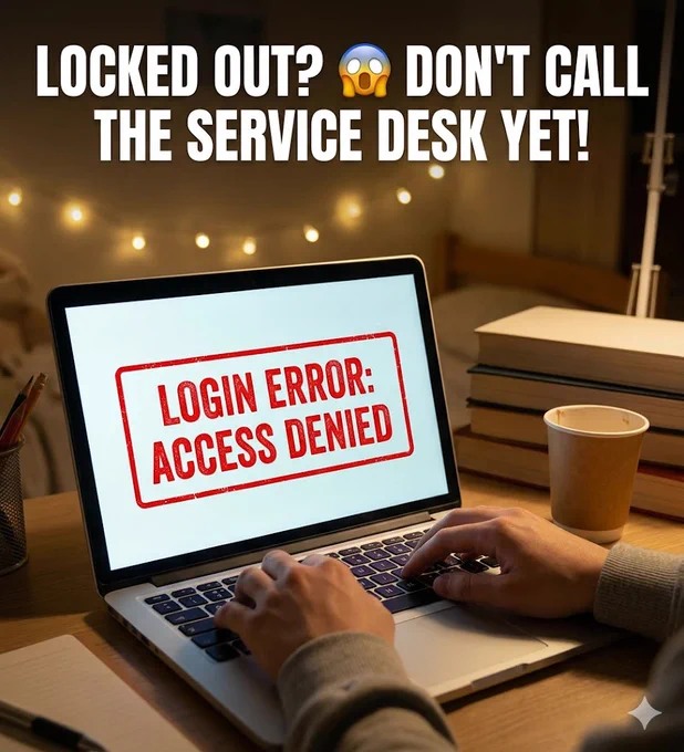 A laptop with an error message, "Login Error: Access Denied".  The title is "Locked out? Don't call the service desk yet!"