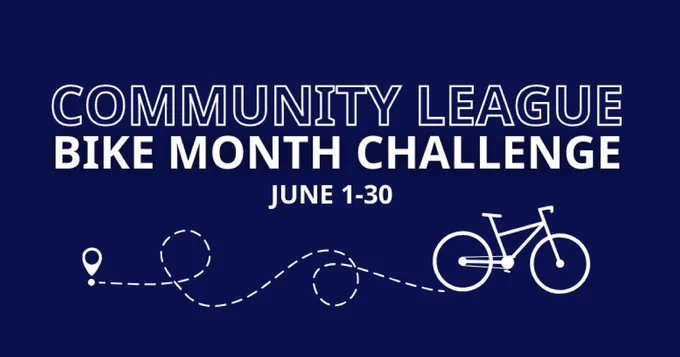 Graphic of a location pin, a bicycle and a dotted line between them. Community League Bike Month Challenge. June 1-30.