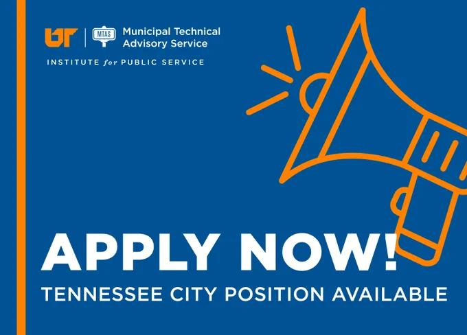 Blue graphic with orange megaphone and text urging to apply for a Tennessee city job opening.