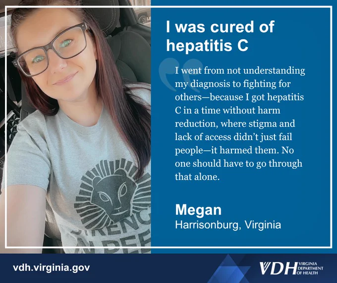 Person wearing a Strength in Peers t-shirt shares their journey of being cured of hepatitis C and advocating for others in Harrisonburg, Virginia.