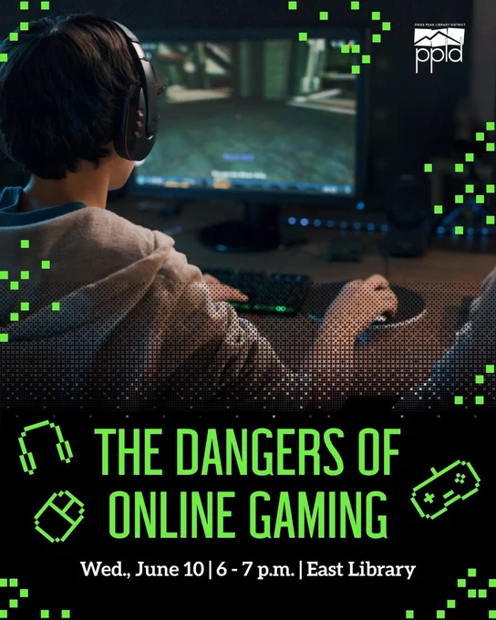 Person wearing headphones playing a video game on a computer in a dimly lit room with event details about online gaming dangers.
