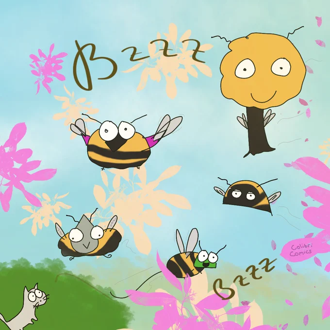 Colibri, Baumi, Miesmuscheli, Prisma und Gecko sind in Hummelkostümen und fliegen quer durch das  Bild. Der Himmel ist blau. Überall fliegen auch noch Blüten herum. Glotzi die Glotzkatze glotzt vom Boden aus.