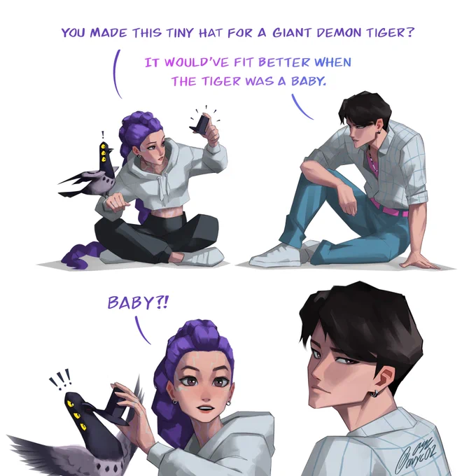 Rumi and Jinu discuss the issue of Derpy’s hat being too small for his head.
