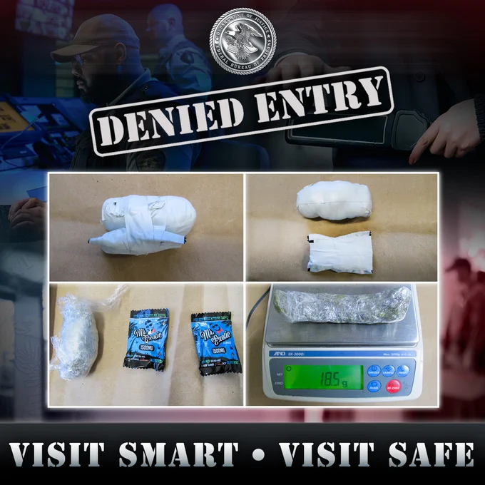 Images of drug related packages and a scale. Text on the image reads Denied Entry and Visit Smart Visit Safe with a BOP seal centered at the top. 