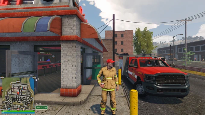 A screenshot from the video game Flashing Lights, showing a firefighter and a fire department vehicle. The firefighter is stood outside a diner in a city. It is a cloudy, dry day.