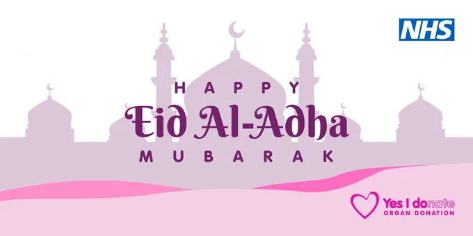 Purple silhouette of a mosque with crescent moons and the text 'Happy Eid Al-Adha Mubarak' above a pink wave and NHS logo.