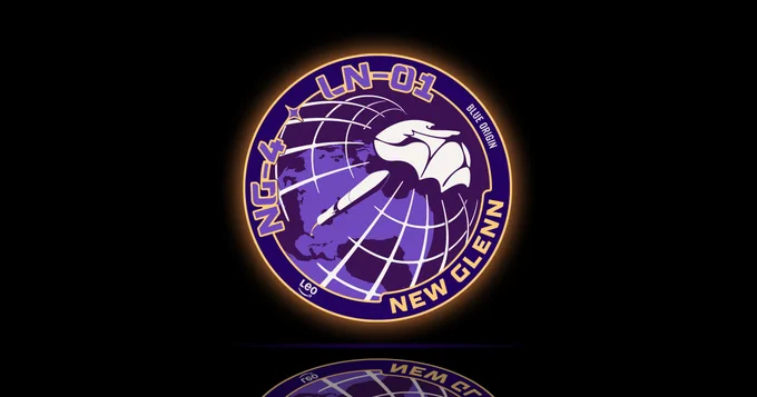 A circular emblem for Blue Origin's New Glenn-4 mission. It features a globe with a rocket and a lion against a deep purple background. The text reads "NG-4," "LN-01," and "New Glenn.
