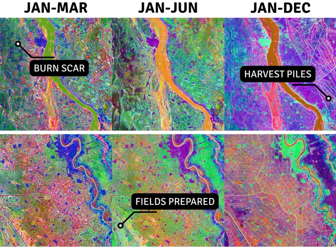 Examples of quarterly, semi-annual, and annual satellite-based embeddings from Al Jazirah, Sudan, in 2024, that allow users to identify critical food security signals, such as burn scars, field preparation, and harvest activity, using natural language. 
Credit: Arizona State University. Embeddings generated with OlmoEarth.