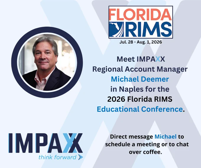 Light blue square graphic with the logo for Florida RIMS in the top right corner. Underneath are the dates of their event, "Jul. 28 - Aug. 1, 2026." In the center left of the graphic is a photo of a smiling businessman in a dark blue circular frame. To the right is text announcing his attendance to this event. It says, "Meet IMPAXX Regional Account Manager Michael Deemer in Naples for the 2026 Florida RIMS Educational Conference." In the bottom left corner is the IMPAXX logo with the slogan underneath, "think forward." In the bottom right is text that reads, "Direct message Michael to schedule a meeting or to chat over coffee."