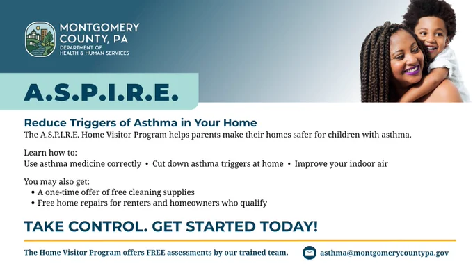 Graphic promoting the A.S.P.I.R.E. Home Visitor Program from Montgomery County, PA Department of Health & Human Services. A photo shows an adult holding a young child on their shoulders. Text reads “A.S.P.I.R.E. Reduce Triggers of Asthma in Your Home” and explains that the program helps families make homes safer for children with asthma. Bullet points list learning topics such as using asthma medicine correctly, reducing triggers, and improving indoor air, along with possible benefits like free cleaning supplies and home repairs for those who qualify. A call to action reads “Take control. Get started today!” with contact email asthma@montgomerycountypa.gov