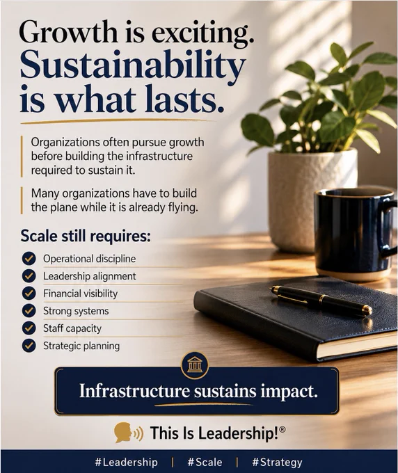 Executive-style graphic focused on organizational scale, infrastructure, operational leadership, and sustainable growth using clean typography and a modern professional layout.