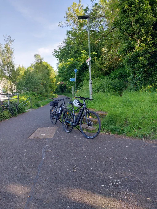 Two electric bicycles parked on a paved path next to a grassy verge and trees, with a lamppost and signs.
