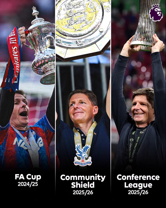 Oliver Glasner has won three trophies as Crystal Palace manager.

FA Cup 2024/25
Community Shield and Conference League 2025/26