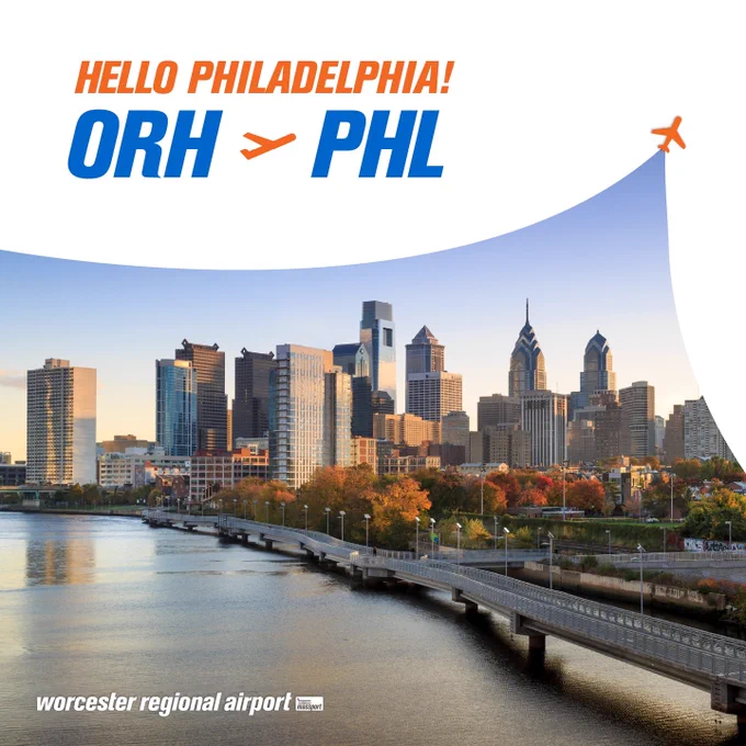 Scenic view of Philadelphia skyline with tall buildings under a clear blue sky. In the foreground, there's a river with a bridge. The text announces a flight from Worcester Regional Airport (ORH) to Philadelphia (PHL) with a small airplane graphic.