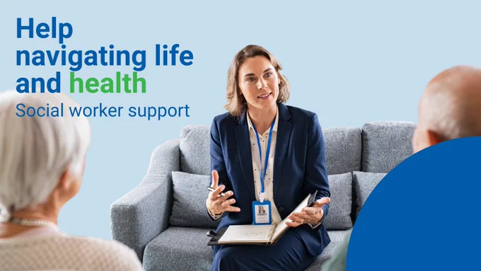 A professional woman speaks with two adults. A caption reads "Help navigating life and health - Social worker support."