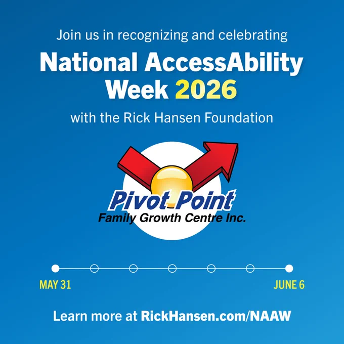 Graphic for National AccessAbility Week 2026 (May 31–June 6) featuring the Pivot Point Family Growth Centre logo and the Rick Hansen Foundation partnership. The design shows a timeline of the week on a blue background, promoting the theme 'Building a Strong, Accessible Canada' for individuals with diverse abilities, including neurodiversity and autism.