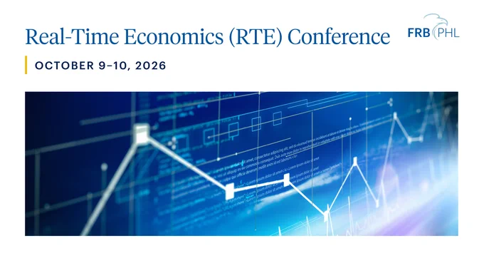 Real-Time Economics (RTE) Conference promotional image with FRB Philadelphia logo, taking place October 9-10, 2026. Displays abstract digital graphs and data visualizations against a blue background.