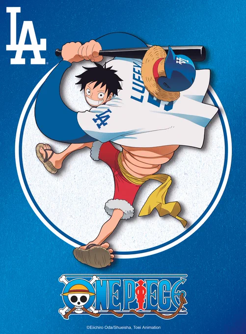 A graphic announcing ONE PIECE Night at UNIQLO Field and Dodger Stadium showing Monkey D. Luffy in a Dodger jersey and hat.