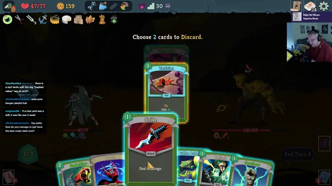 Screen of a bunch of Silent character cards. There is a thumbnail of Jorbs with his headphones on. There is a chat window on the left side of the screen. The background of the screen is dark and the cards are glowing to pop out.
