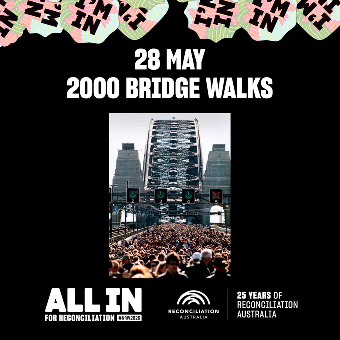 A massive crowd walking across the Sydney Harbour Bridge for the People’s Walk for Reconciliation, the highlight of Corroboree 2000. The image features the text "28 May 2000 Bridge Walks" and "All In for Reconciliation", the theme for National Reconciliation Week 2026.