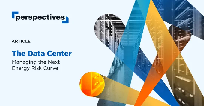 This image shows a header titled "perspectives" followed by the word "ARTICLE." Below, the text reads "The Data Center: Managing the Next Energy Risk Curve." The background contains an abstract design featuring overlapping translucent blue, orange, and yellow ribbons. On the right, there is a view of an industrial data center with rows of servers.