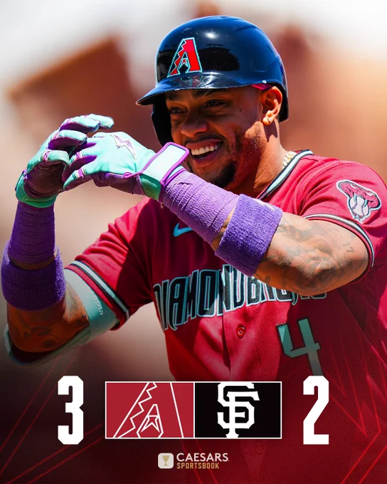 Diamondbacks (logo) - 3
Giants (logo) - 2

The graphic includes an image of Ketel Marte celebrating a base hit. He is wearing a red Diamondbacks jersey and black batting helmet.

Caesars Sportsbook (logo)