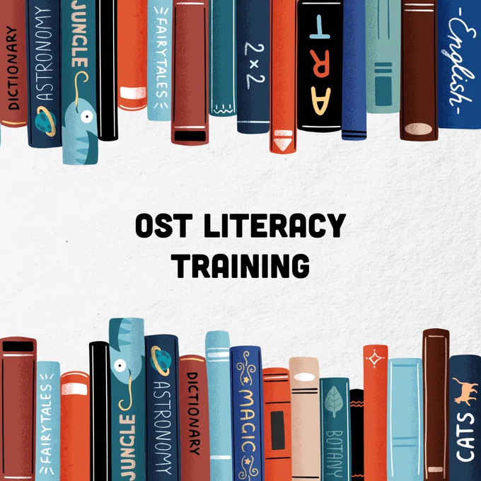 Books arranged in a semicircle around the text "OST Literacy Training." Titles include "Astronomy," "Jungle," "Fairy Tales," "Dictionary," "2 x 2," "Magic," and "Botany.
