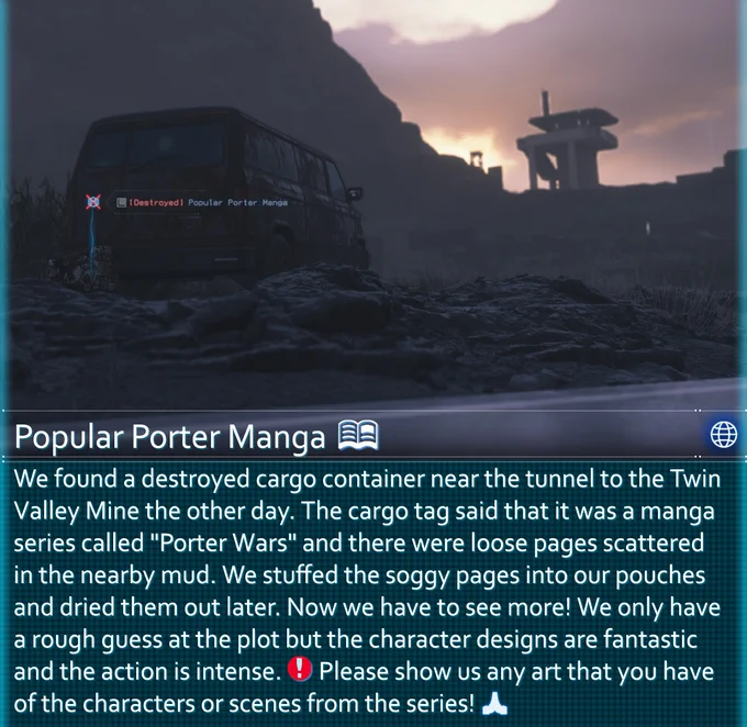 
We found a destroyed cargo container near the tunnel to the Twin Valley Mine the other day. The cargo tag said that it was a manga series called "Porter Wars" and there were loose pages scattered in the nearby mud. We stuffed the soggy pages into our pouches and dried them out later. Now we have to see more! We only have a rough guess at the plot but the character designs are fantastic and the action is intense. Please show us any art that you have of the characters or scenes from the series!