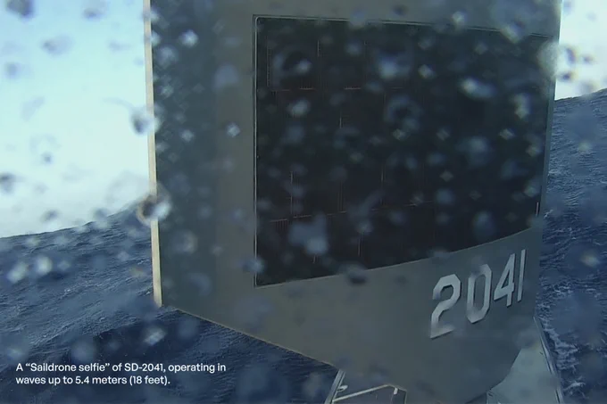A “Saildrone selfie” of SD-2041, operating in waves up to 5.4 meters (18 feet). 