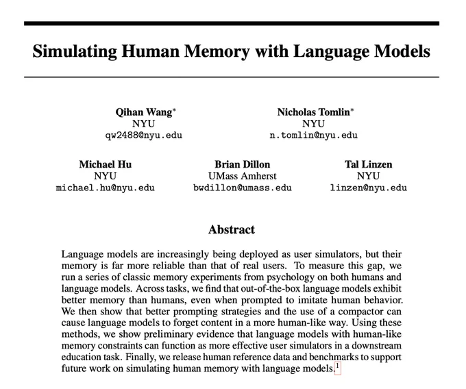 Title page of our paper, "Simulating Human Memory with Language Models"