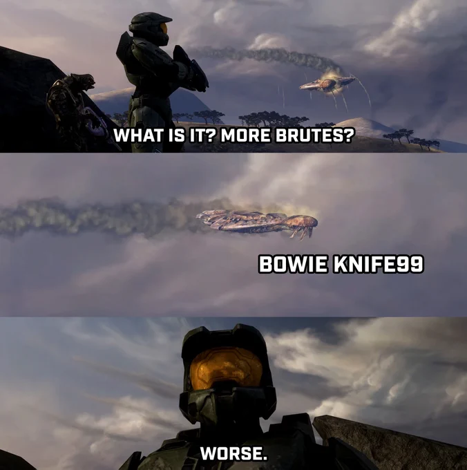 three panels from a Halo 3 cutscene where a Flood-infested Covenant ship crashes to Earth. The caption is "What is it? More Brutes?" "Bowie Knife99" Master Chief: "Worse" 