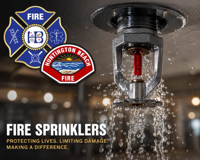 Public safety graphic showing a close up fire sprinkler actively spraying water inside a commercial building. The Huntington Beach Fire Department logos appear in the upper left corner. Large bold text reads “Fire Sprinklers” with smaller text below stating “Protecting Lives. Limiting Damage. Making a Difference.” The image highlights the important role automatic fire sprinkler systems play in controlling fires and improving safety.