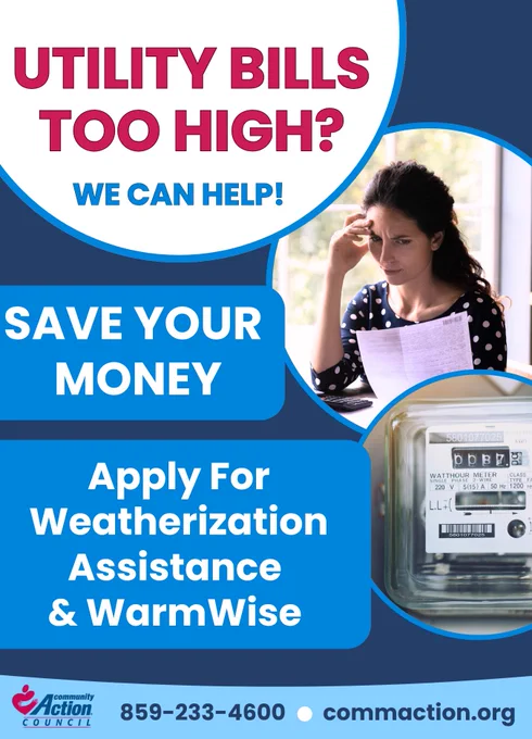 Postcard Front: 'Utility bills too high? We can help!' Worried woman with bill and electric meter. "Save your money. Apply for Weatherization Assistance and Warm Wise" Community Action Council logo. 859-233-4600. commaction.org
