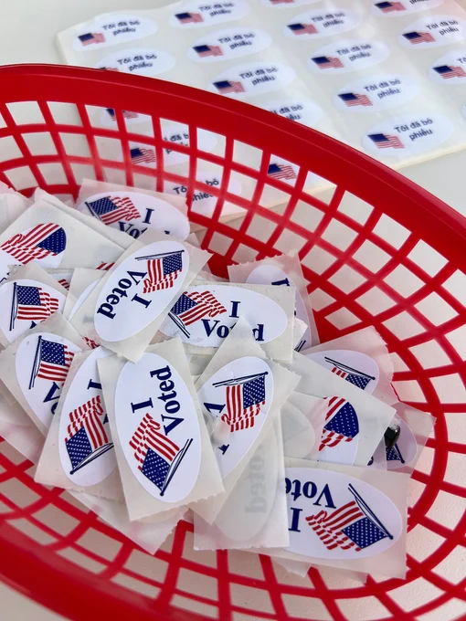 A basket full of “I voted” stickers.