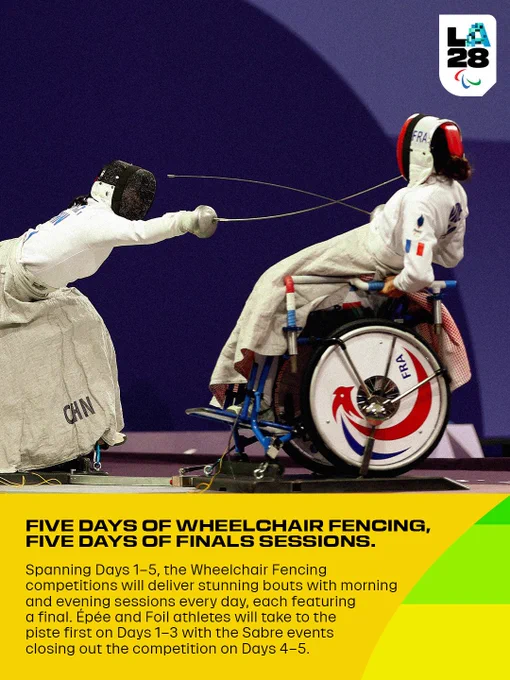 Two wheelchair fencers, one from China and one from France, compete in a match. The text details the "Five Days of Wheelchair Fencing, Five Days of Finals Sessions," explaining that from Days 1-5, there will be morning and evening sessions, each with a final. Épée and Foil events are on Days 1-3, and Sabre events are on Days 4-5.