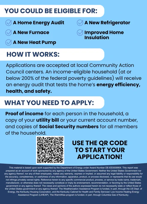 Postcard Back: "You could be eligible for a home energy audit, furnace, heat pump, refrigerator, insulation. How? Applications are accepted at local Community Action Council centers. An income-eligible household (at or below 200% of the federal poverty guidelines) will receive an energy audit. What you need to apply: Proof of income & social security card for each household member & utility bill or account number." QR code. "Use the QR code to start your application." Federal grant disclaimer.